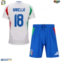 Otroški Nogometni dresi Italija Nicolo Barella #18 Gostujoči EP 2024 Kratek Rokav (+ Kratke hlače)